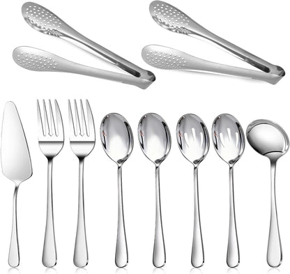 10PCS 18/8 Stainless Steel Serving Utensils Set for Parties, Kitchen Serving Tools-Include Serving Spoons, Slotted Spoons, Serving Forks Tongs Soup Ladle, Cake Pie Server for Buffet, Wedding