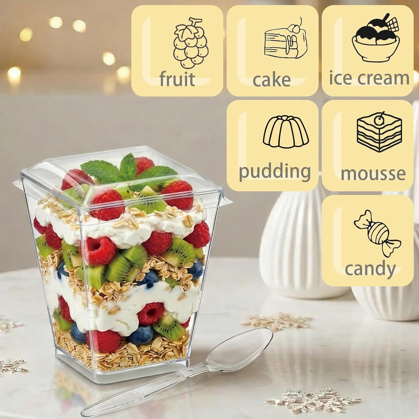 50Pack 5oz Plastic Dessert Cups with Lids and Spoons, Clear Parfait Appetizer Cups for Party, Mini Shooter Serving Cup, Square Dessert Shot Glasses for Tasting