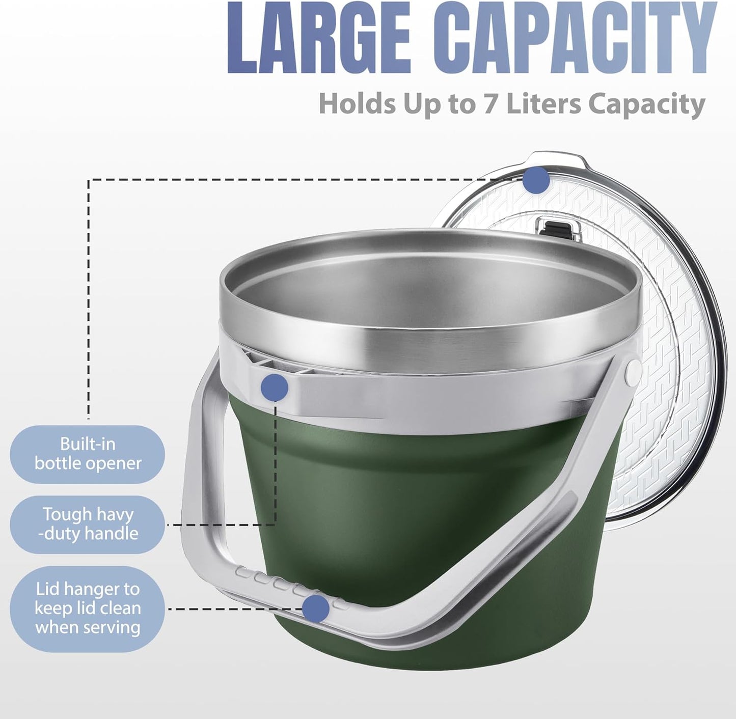 COKTIK 7L Vacuum Insulated Ice Bucket with Lid and Scoop& Tongs，Large capacity Stainless Steel Beverage Bucket for Cocktail, Champagne, Wine, Beer，Large Parties（Milk White Suit）