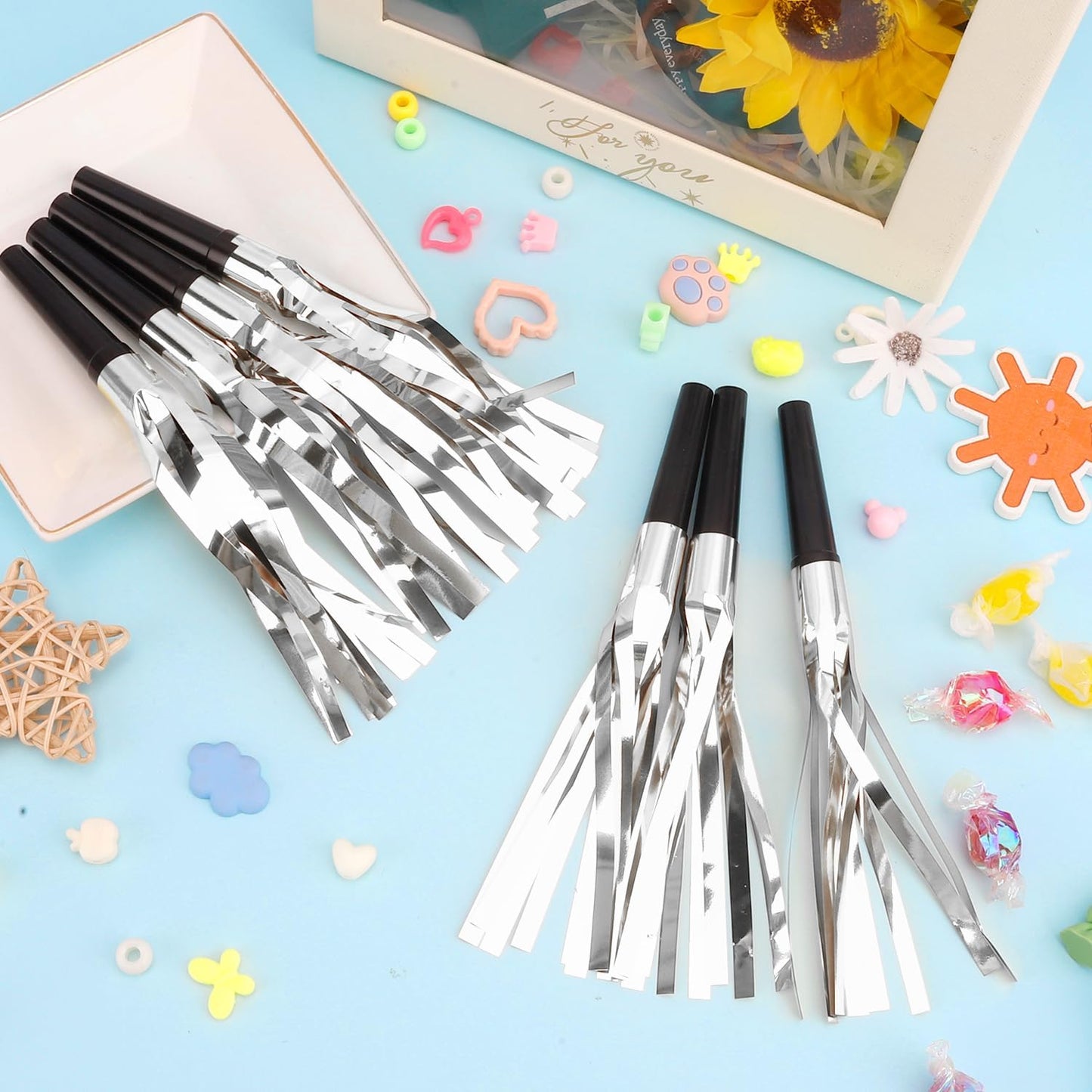 Noise Makers, 24 PCS Gold Noise Makers, Glitter Metallic Fringed Party Blowers Noisemakers Horns for Adults for Birthday Sporting Events Christmas 2025 New Year Eve Party Favor Supplies Decorations