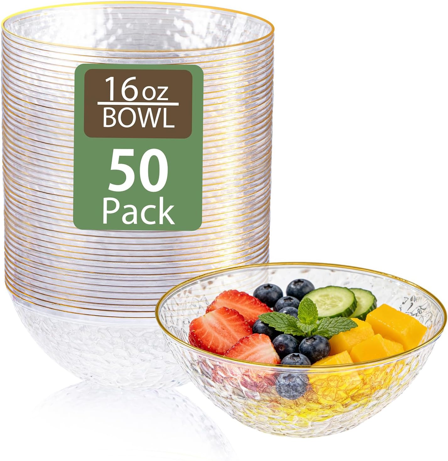 Tinybee 30 Pack Pink Plastic Bowls - Pink Disposable Bowls for Party with Gold Rim, 16-20oz Premium Hammered Bowls Disposable Heavy Duty, Plastic Salad Bowls for Milk Cereals, Snacks, Salads