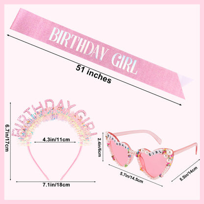 SuPoo Birthday Girl Headband Sash Sunglasses Set, Pink Birthday Accessories for Women Girls Glitter Birthday Crown & Sash Gift Outfit for Party Decorations Fun Glasses