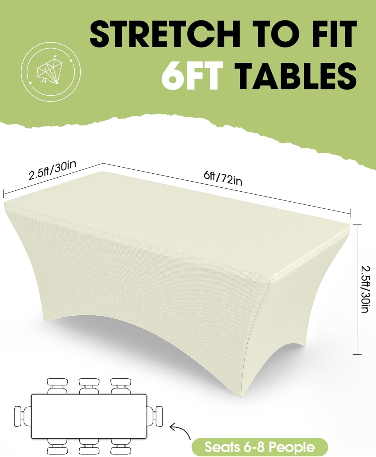 Pureegg Spandex Tablecloth 6ft - 2 Pack, Fitted and Tight Cloth for Rectangle Table, Wrinkle-Free and Stretch Table Cover for Party, Wedding, Banquet and Birthday, White