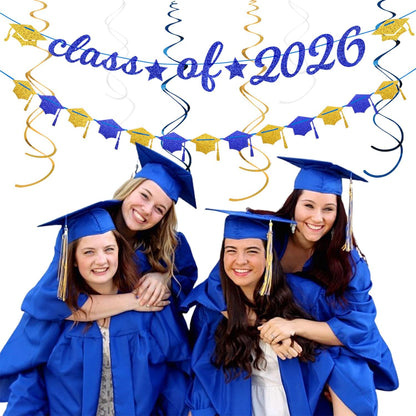 2026 Blue Class-Congratulations Prom Graduation Party-Decorations - 22pcs High School College Grad Supplies Decor,Royal Navy White Silver Tissue Pom Poms Streamers, Paper Flowers Lanterns Hugmoon