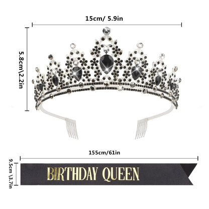 CAVETEE Red Black Birthday Crown and Sash for Women Sash & Rhinestone Tiara Set Red and Black Party Decorations Birthday Queen Crowns Tiaras for Women