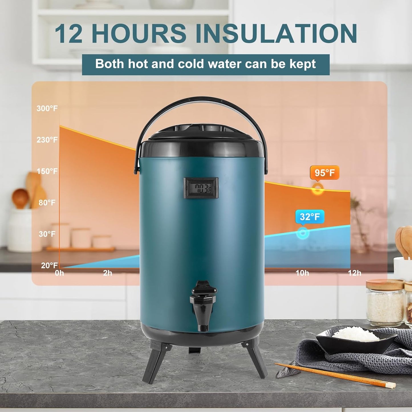 Hot Beverage Dispenser, Stainless Steel Insulated Beverage Dispenser Cold and Hot Drink dispenser with Thermometer– 12 Liters Water Dispenser with Spigot