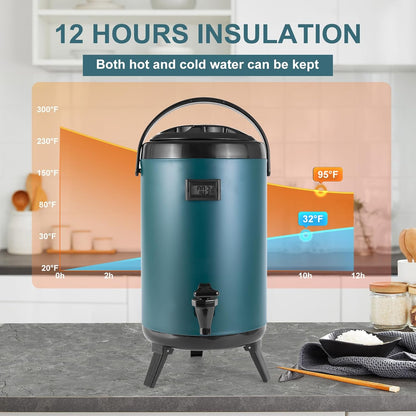 Hot Beverage Dispenser, Stainless Steel Insulated Beverage Dispenser Cold and Hot Drink dispenser with Thermometer– 12 Liters Water Dispenser with Spigot