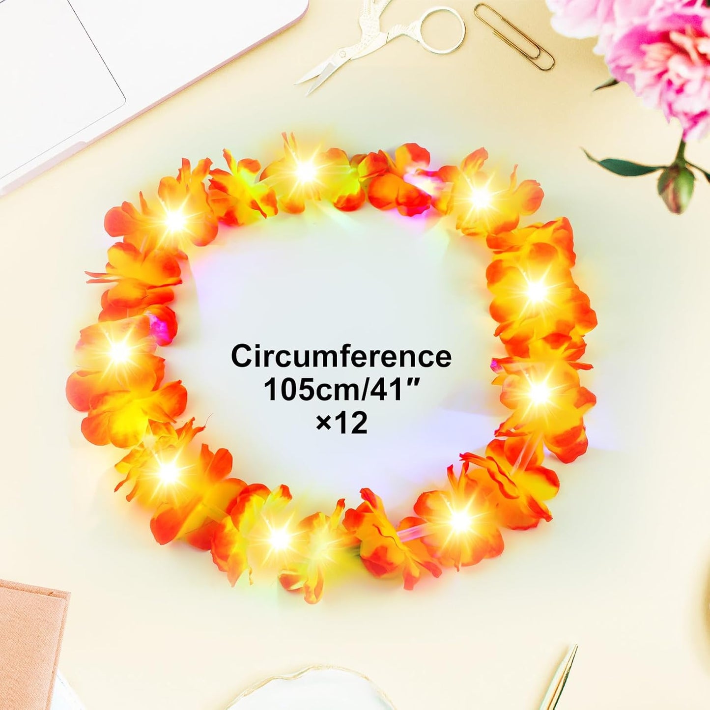 Giegxin 12 Pcs LED Hawaiian Lei Light up Flower Lei Tropical Glow Necklaces Lighted Lei Artificial Rainbow Lei for Kid Adult Hawaii Luau Themed Party Carnival Beach Wedding Masquerade (Multicolor)