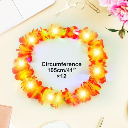Giegxin 12 Pcs LED Hawaiian Lei Light up Flower Lei Tropical Glow Necklaces Lighted Lei Artificial Rainbow Lei for Kid Adult Hawaii Luau Themed Party Carnival Beach Wedding Masquerade (Multicolor)