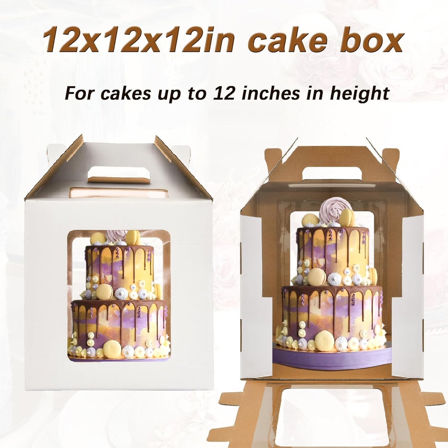 3 Pack 12in Tall Cake Boxes for Tier Cakes, 12x12x14 Inch Tiered Cake Box,Tall Cake Carrier with Window, 10in 12in Large Tierd Bakery Take Out Transport Containers with Handle