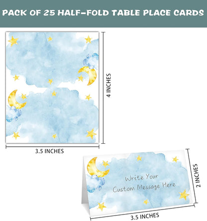 Table Place Card for Baby Shower, 25 Pcs Tent Cards Set with Moon and Stars Design, Editable Name Cards for Table Seating, Sleepover Party Food Lables, Twinkle Little Star Baby Shower Decorations(07)