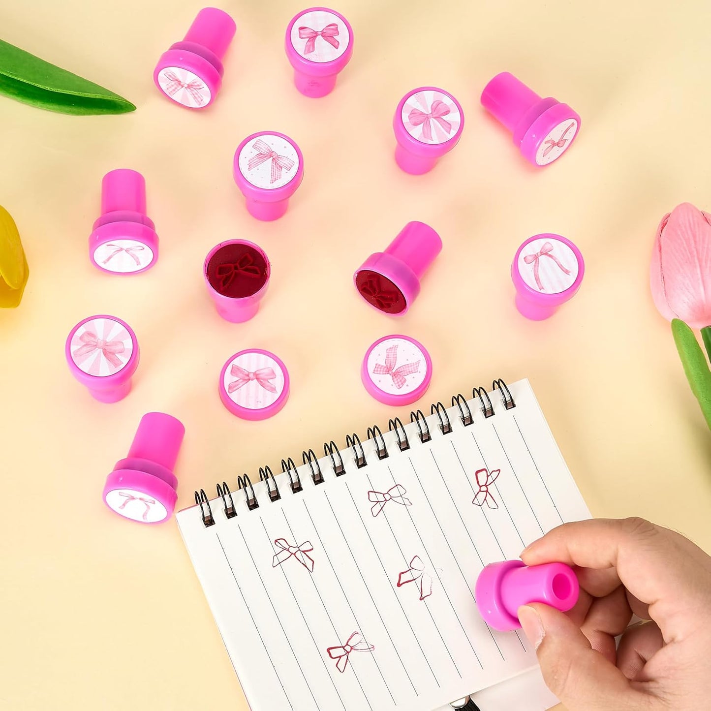 24-Pack Pink Bow Stampers – Pre-Inked Decorative Stamp Set for Coquette Birthday Favors, Event Giveaways, Scrapbooking & DIY Craft Projects