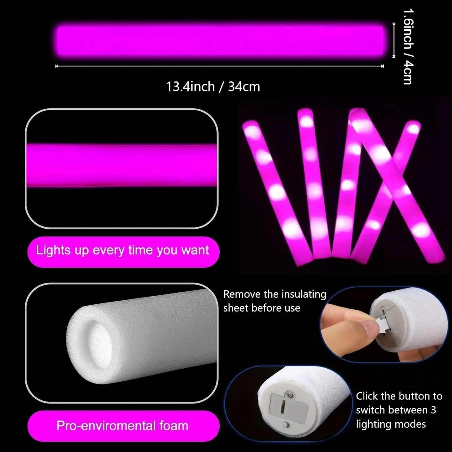 Glow Foam Sticks Bulk, 24 Pcs Red Giant LED Light Up Sticks 3 Modes Flashing Glowing Baton Wands Party Supplies for Wedding, Raves,Concert,Birthday,Christmas, Halloween,Sporting Events