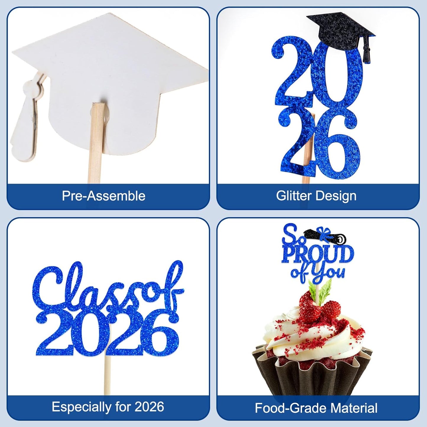 24 Pcs Graduation Cupcake Toppers 2026 - Congrats Grad Decorations Class of 2026, Pre-Assembled Black Gold Grad Cake Topper Centerpieces for Graduation Party Decoration Supplies Table Decor, 6 Styles