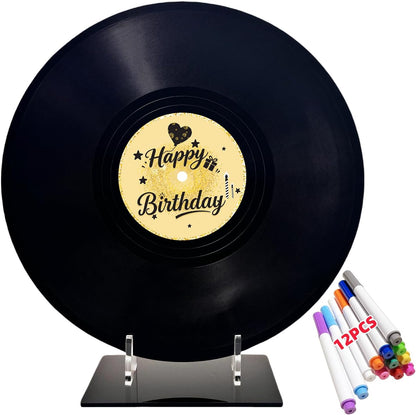 REEGII Vinyl Record Style Birthday Guest Book for Birthday Decorations - Large 11.6"x11.6" Sign-In Poster with 12 Pens | Unique Keepsake Gift for Birthday Party Decor (Happy Birthday, Golden, 11.6"L x 11.6"W)
