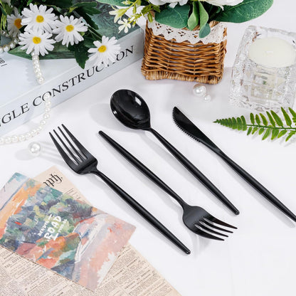 Supernal 180pcs Black Plastic Silverware Set - Heavy Duty Disposable Utensils (60 Forks, 60 Knives, 60 Spoons) - Elegant Black Cutlery for Parties, Weddings & BBQ