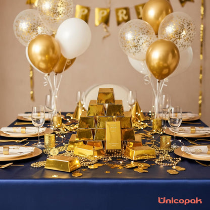 UnicoPak 30 Pack Gold Bar Party Favor Boxes, Simulated Foil Gold Treat Boxes Candy Boxes Decorated Boxes, with FINE GOLD 999.9 Embossed Pattern, 6.5x3 Inch Gift Boxes for Candy, Halloween, Christmas