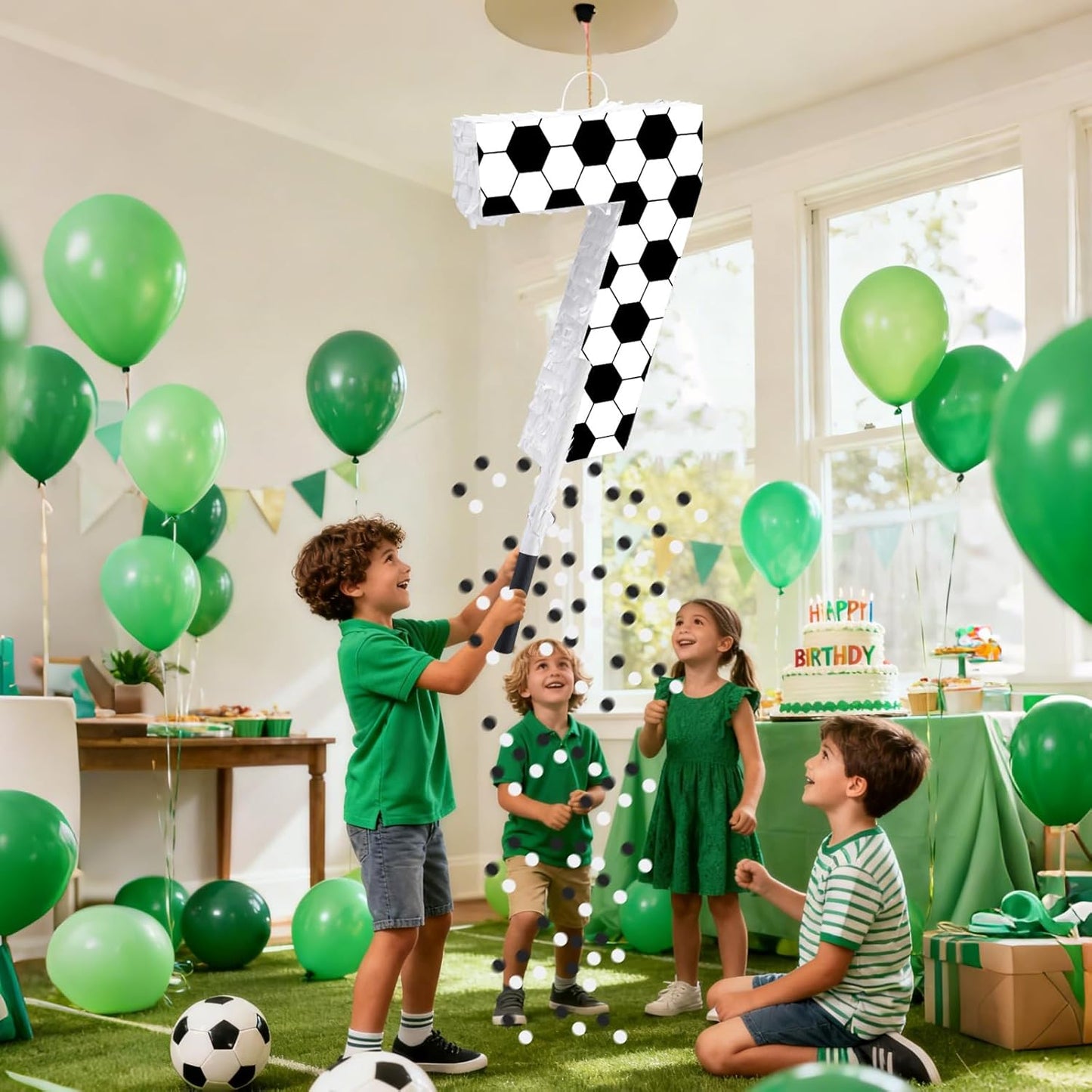 16Inch Soccer Ball Number 9 Piñata Includes Wooden Stick, Blindfold, and Confetti for for Kids 7th Anniversary Sport Themed Party Birthday Supplies