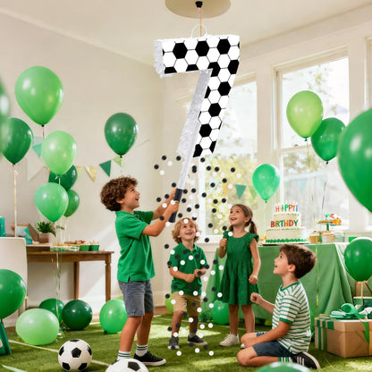16Inch Soccer Ball Number 9 Piñata Includes Wooden Stick, Blindfold, and Confetti for for Kids 7th Anniversary Sport Themed Party Birthday Supplies