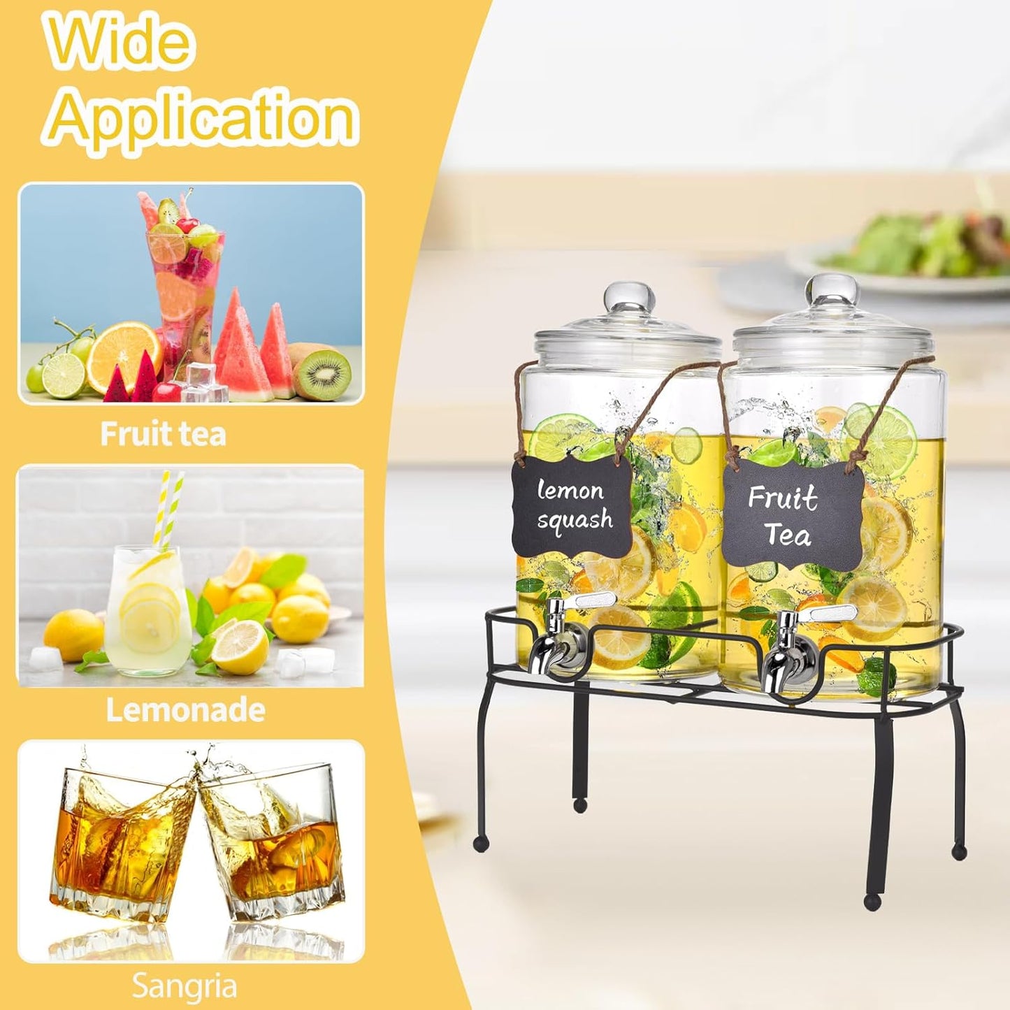 1 Gallon Glass Drink Dispenser Set of 2, Drink Dispensers for Parties, Beverage Dispenser with Stand, Glass Lid, 100% Leakproof Spigot, Ideal for Lemonade, Juice, Iced Tea, Laundry Detergent Dispenser