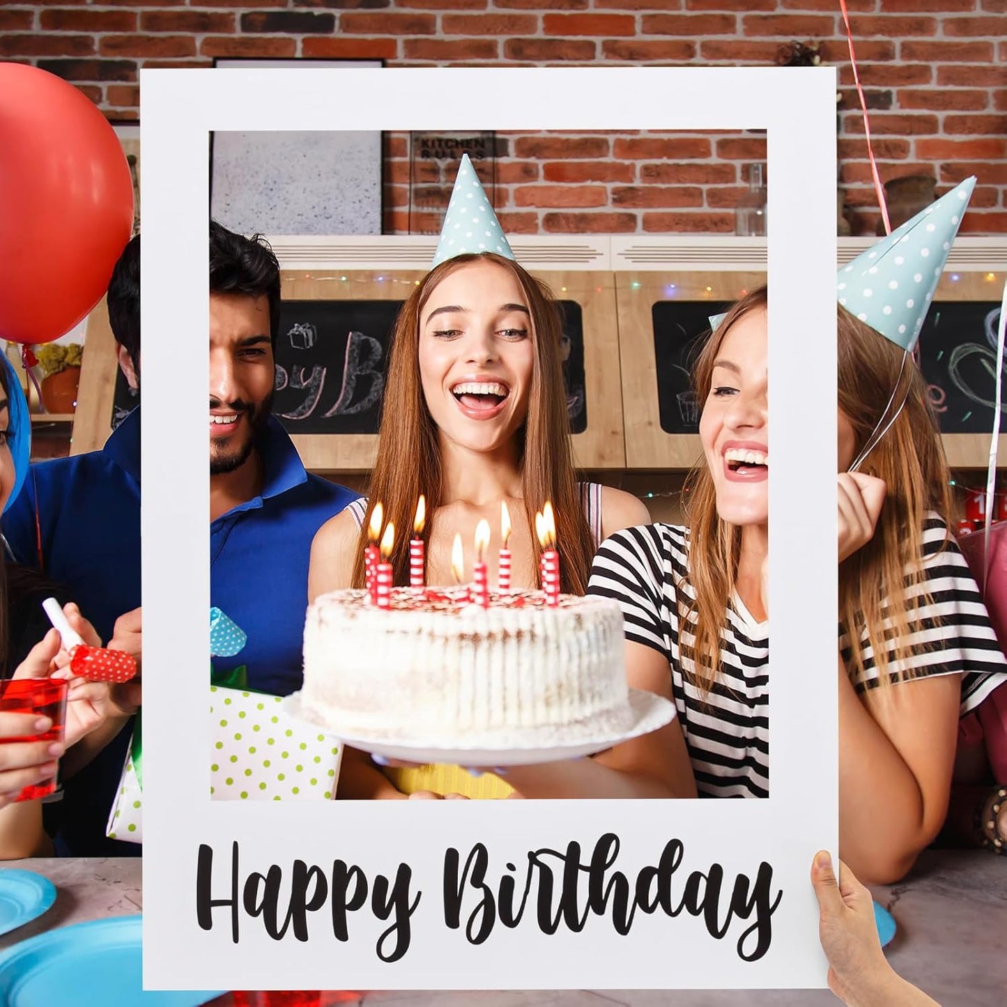 Beeveer 32 x 24 Inch Extra Large Happy Birthday Photo Booth Selfie Frame Props Picture DIY Cutouts Photo Backdrop Cardboard Props for Party Supplies Favors(Vertical,Shiny Gold)