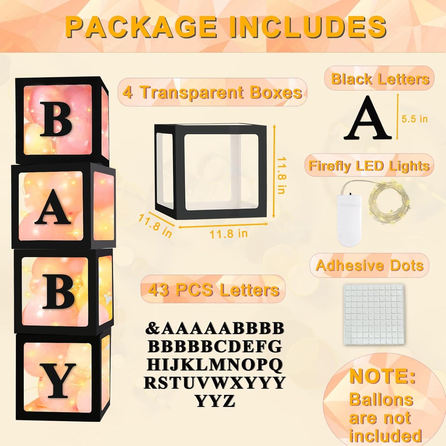 Ledido Transparent Balloon Boxes, Clear Balloon Boxes with 5 Pcs String Lights and 78 Letters for Baby Shower Gender Reveal 2026 New Year Grad Party Birthday Anniversary Bridal Decor - 5 White Boxes