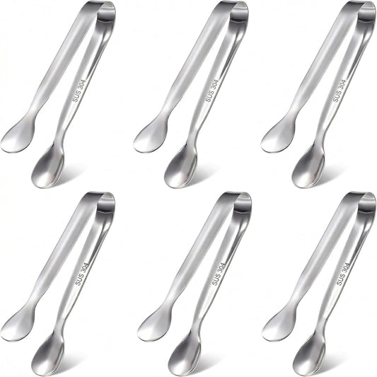 Mini Tongs Set of 6, 4.25" Small Serving Tongs for Appetizers, Charcuterie Board, Buffet - 304 Stainless Steel Spoon Tip Tongs for Sugar Cubes, Olives, Cheese, Tea Party - Dishwasher Safe
