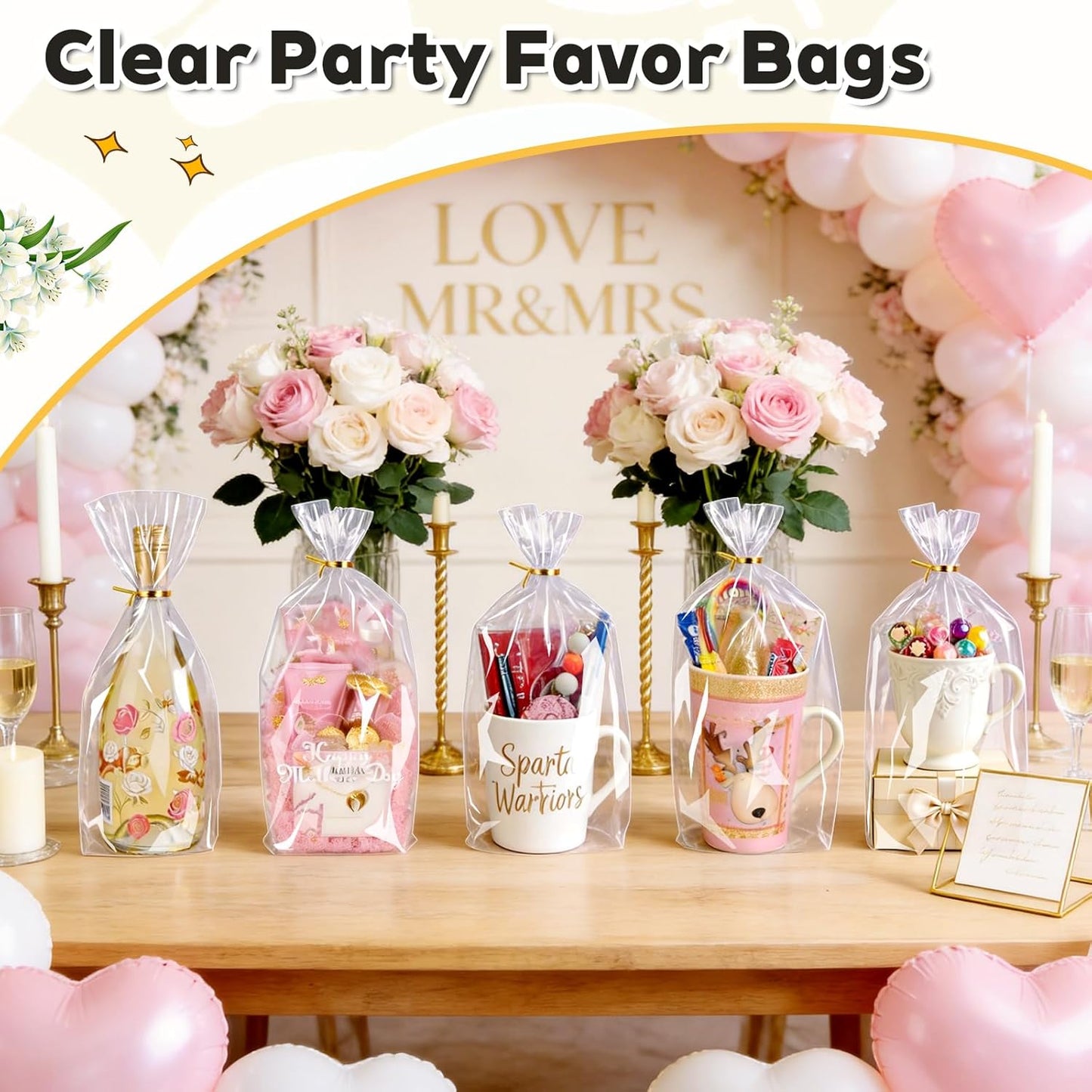 PigPotParty Cellophane Treat Bags 6x9 Inch, 50 Pack Clear Goodie Bags with Bottom Gusset for Stand-Up Display, Small Plastic Gift Wrap for Cookies, Candy, Party Favors, Popcorn, Includes 50 Gold Ties