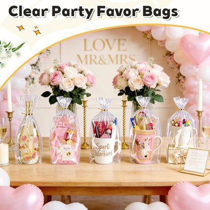 PigPotParty Cellophane Treat Bags 6x9 Inch, 50 Pack Clear Goodie Bags with Bottom Gusset for Stand-Up Display, Small Plastic Gift Wrap for Cookies, Candy, Party Favors, Popcorn, Includes 50 Gold Ties
