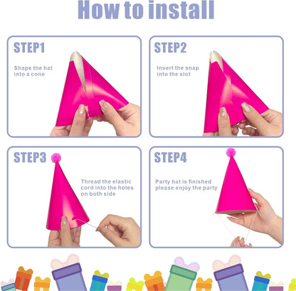 24 Pack Birthday Party Hats,8 Colors Cone Party Hat for Kids Adults Pets