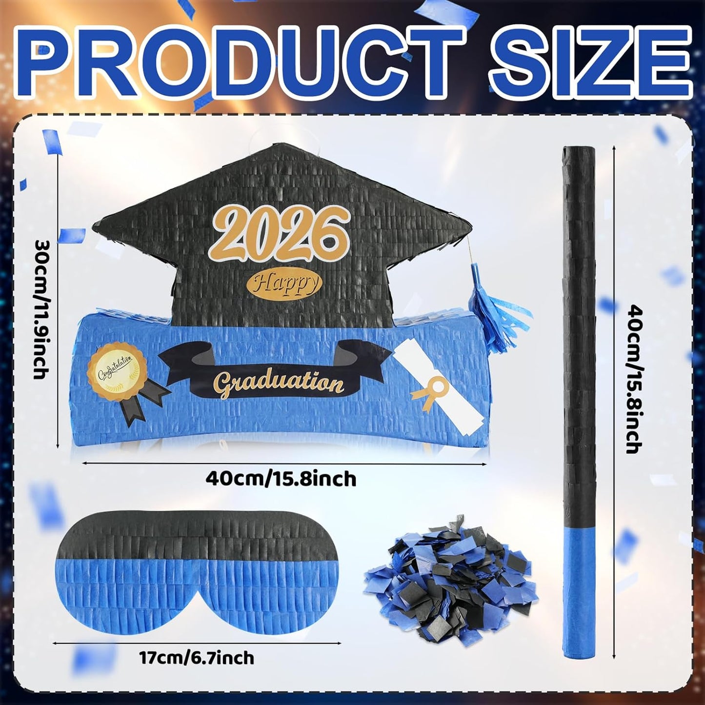 2026 Graduation Piñata with Stick,Blindfold,Confetti - 15.8 Inch Congrats Grad Cap Piñata Yellow End of Year Piñata Party Decoration for Kindergarten School Elementary College Games (Style 2)