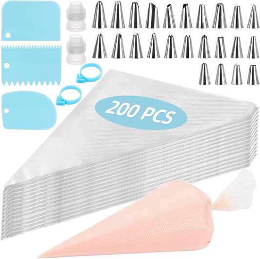 200 Pcs Piping Bags and 24 Tips Set, 12 Inch Disposable Piping Bags Pastry Bag, 231 Pcs Frosting Piping Kit with Tips, Scrapers, Couplers for Decorating Cakes, Cookies‌