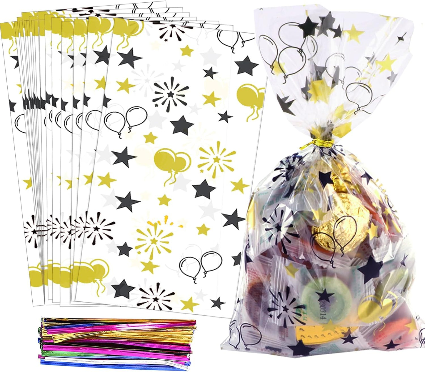 100 Pcs Star Printed 5"X 7" Gift Wrap Cello Cellophane Treat Bags Party Favor bags Clear Candy Cookie Bag Plastic Poly Goodie Storage Bag with Twist Ties for Bakery,Birthday, Wedding ,Party Decorations (Gold)