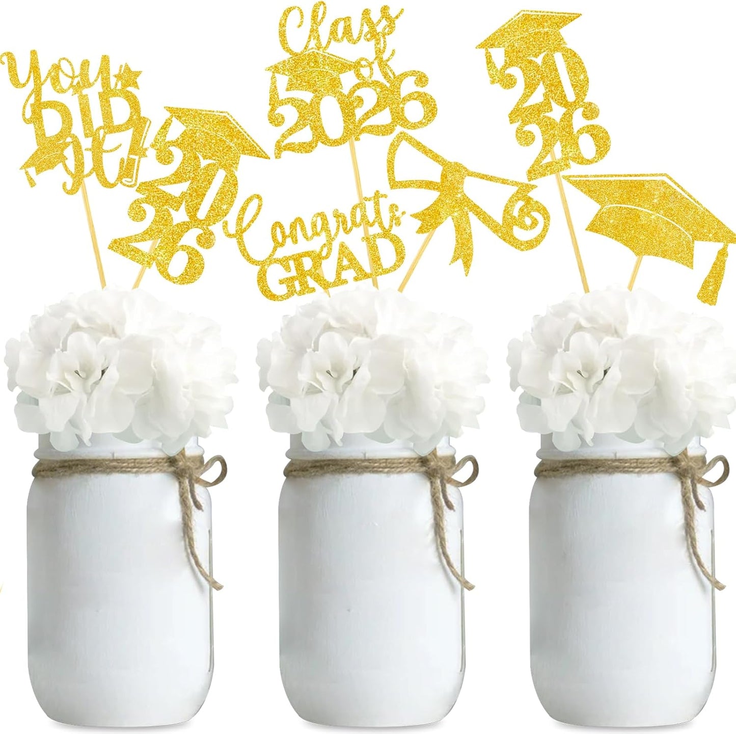 Graduation Centerpiece Sticks 24PCS Glitter Grad Picks Party Table Decor Senior High School College Sign Gold