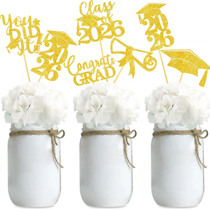 Graduation Centerpiece Sticks 24PCS Glitter Grad Picks Party Table Decor Senior High School College Sign Gold