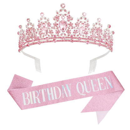 CAVETEE Red Black Birthday Crown and Sash for Women Sash & Rhinestone Tiara Set Red and Black Party Decorations Birthday Queen Crowns Tiaras for Women