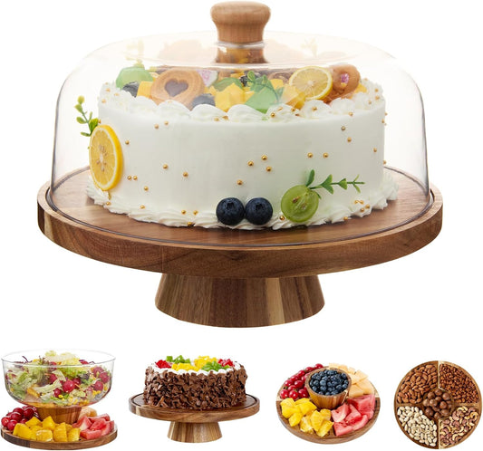 Bamboo Cake Stand with Lid, 6-in-1 Multifunctional Cake Plate, Cake Holder, Serving Tray, Fruit Platter, Salad Bowl, Dessert Table Display & Acrylic Cake Dome Cover