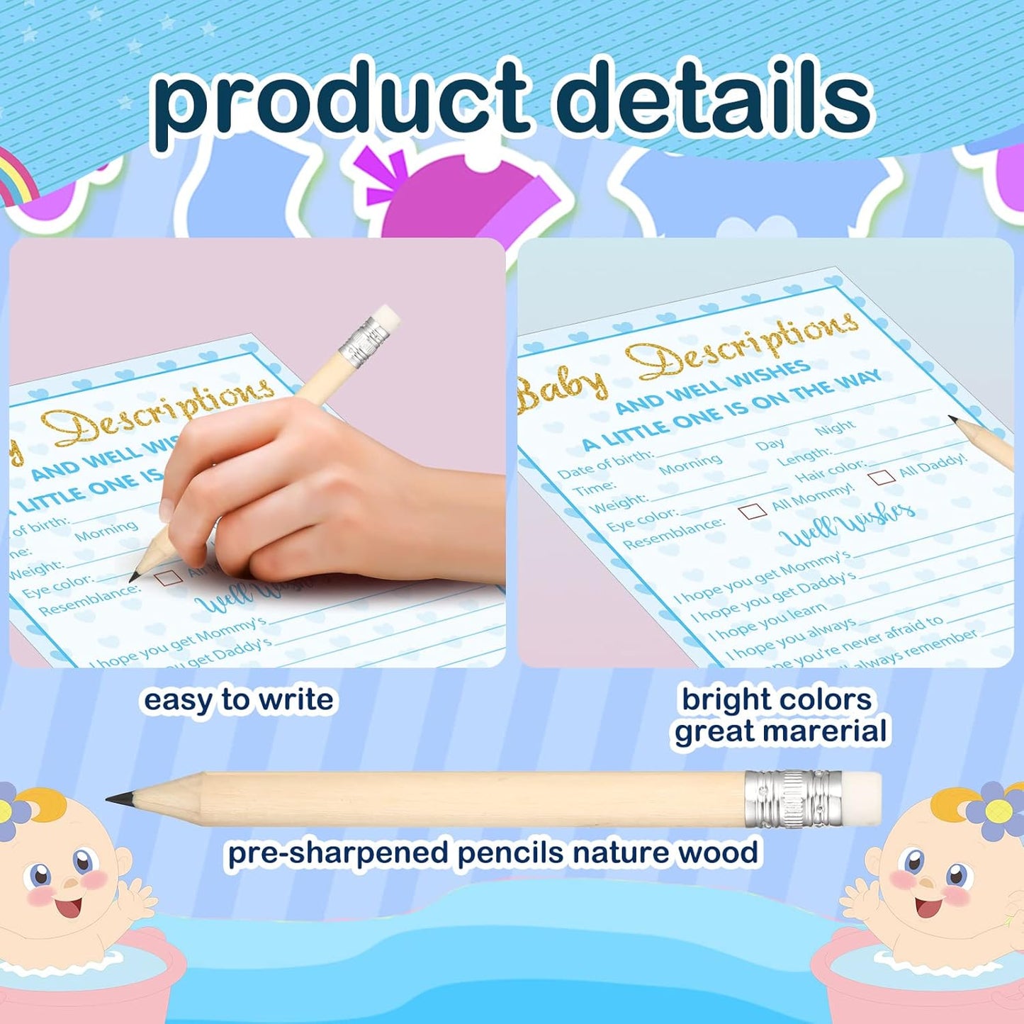Yinder 145 Pcs Baby Shower Games Activities Cards with 20 Pencils Includes Baby Bingo Description and Wishes Guess Who Price is Right Word Scramble Game(Here Comes the Son)