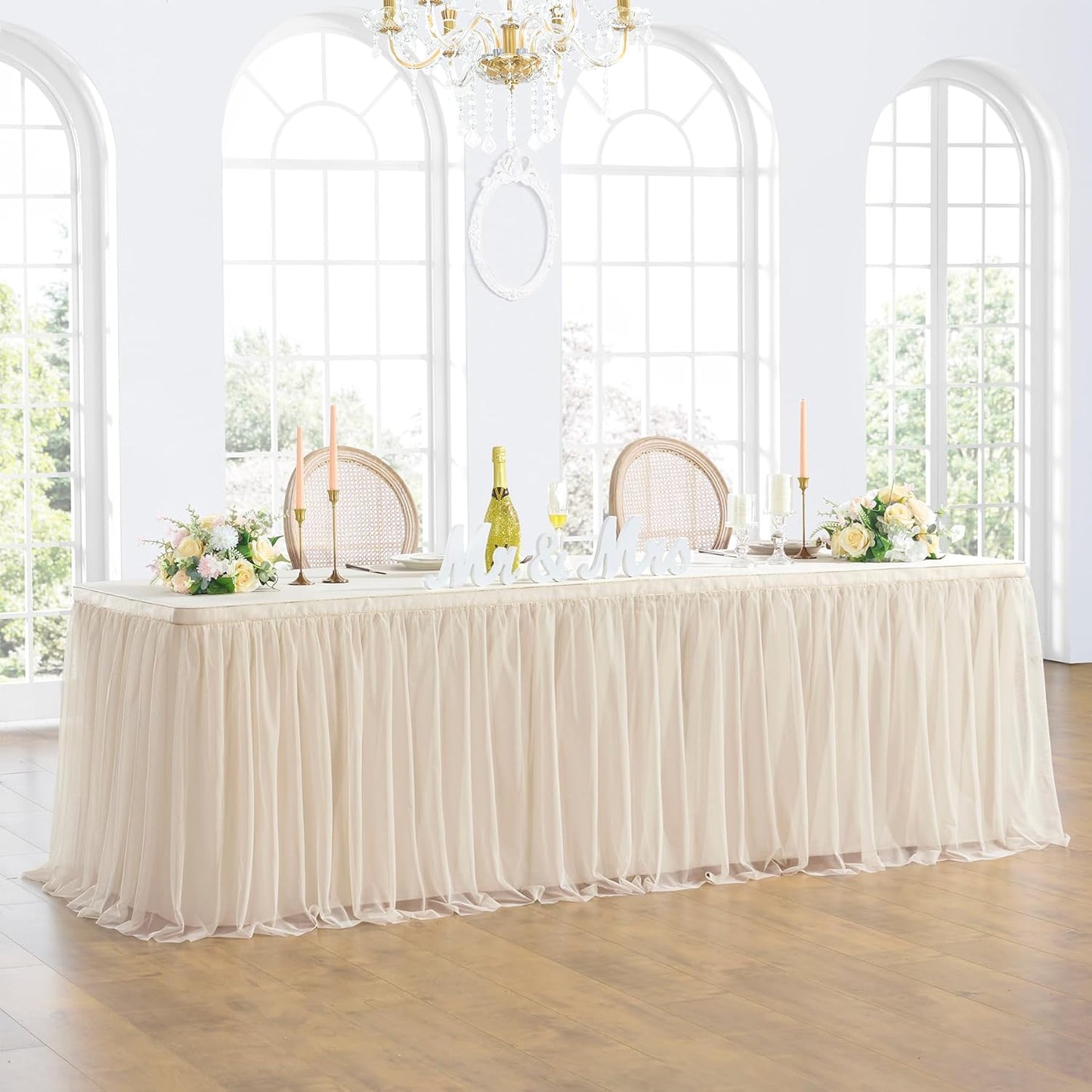 72inch Champagne Gold Tulle Table Skirts for Rectangle Round Tables, Gold Grim Ruffle Tulle Tutu Cloth Table Skirt 6ft for Wedding Birthday Party Cake Dessert Decor(No Top Cover)