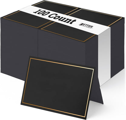 Better Office Products 100 Pack Gold Metallic Border Place Cards, 2 x 3.5 in, Folded Table Tent Cards for Weddings, Dinner Parties, Buffet Banquets,(Black)