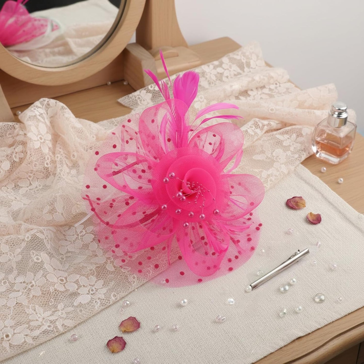 DRESHOW Fascinators Hat Flower Mesh Ribbons Feathers on a Headband and a Clip Tea Party Headwear for Girls and Women - Colors B