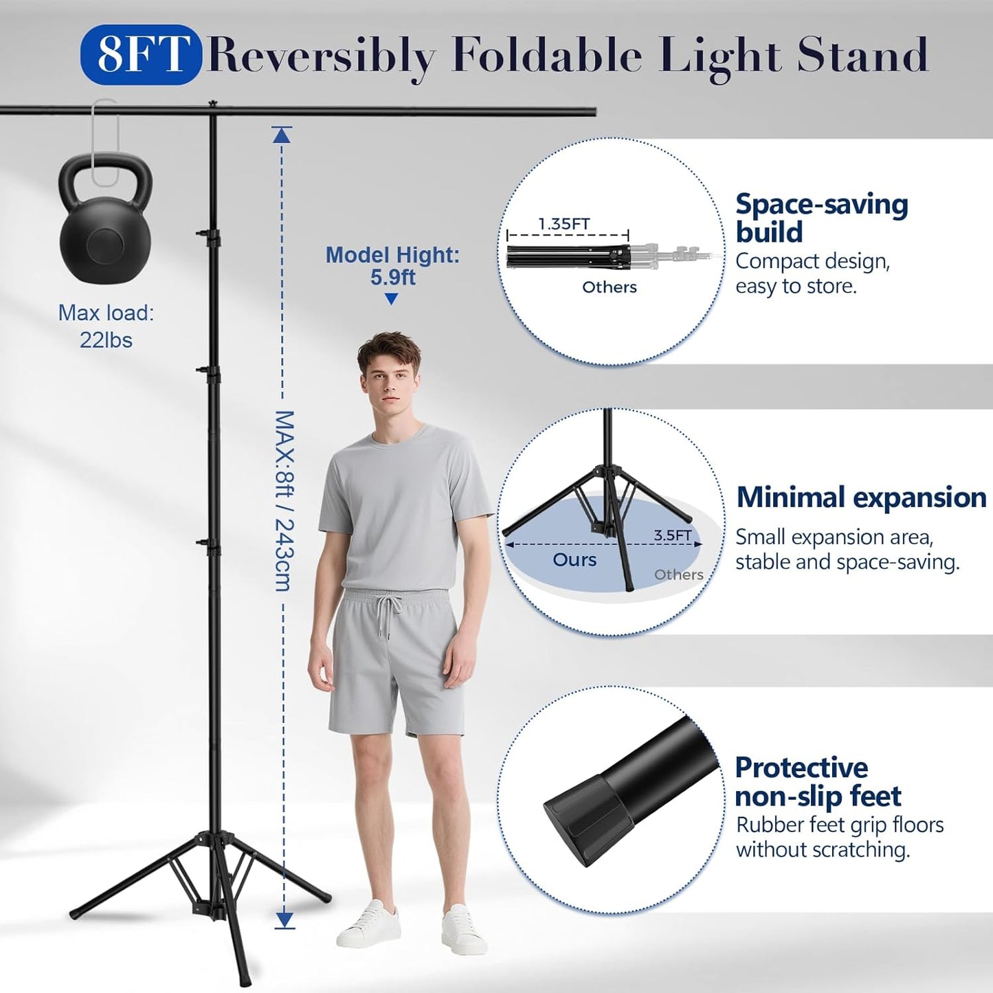 EMART 3-in-1 Backdrop Stand Kit 10x8 ft for Photography Studio, T-Shape Banner Back Drop Stand for Party, Wedding, Dectoration, Background Stand for Photo Video Studio with Carry Bag, 8 Clamps