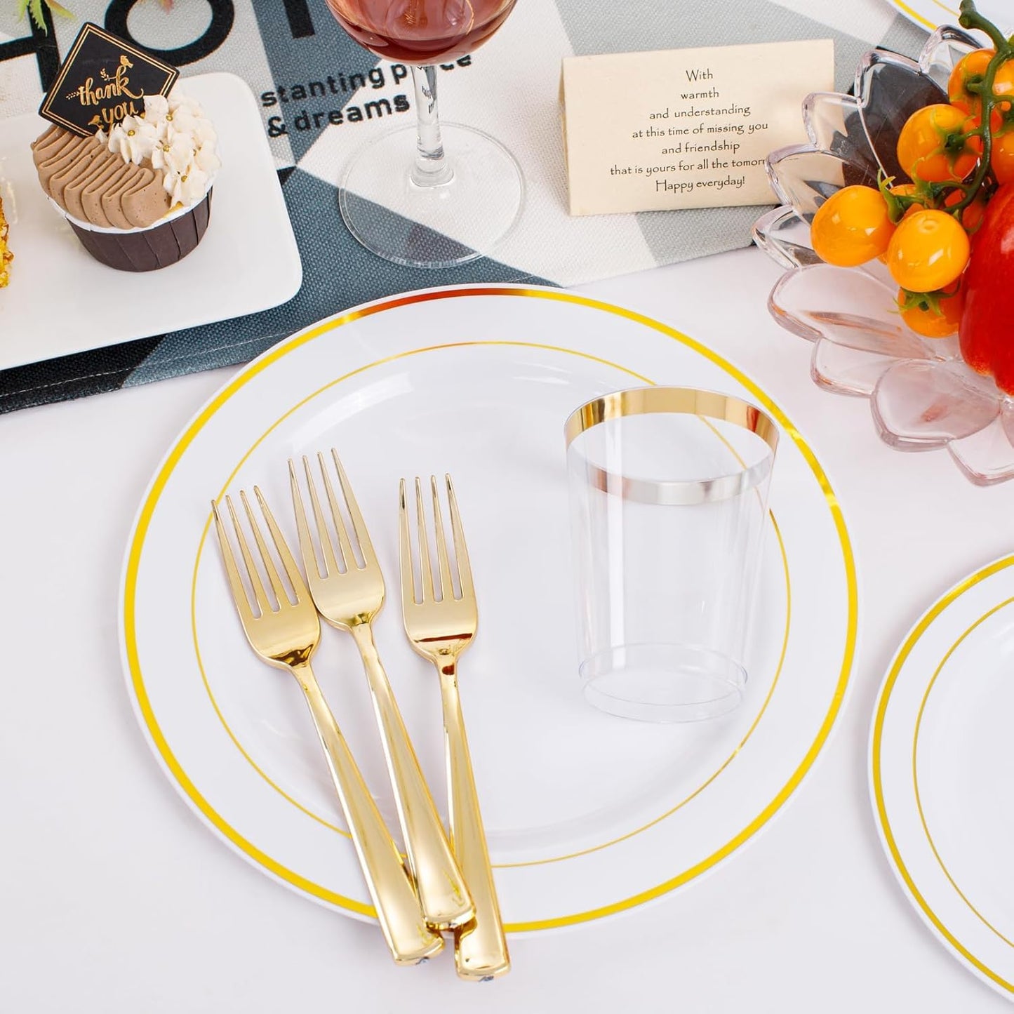 350 Pieces Black and Gold Plastic Plates with Disposable Silverware, Include 50 Dinner Plates 9”, 50 Dessert Plates 6.3”, 50 Black Cups 9 OZ, 50 Pre Rolled Napkins for Wedding Party Graduation