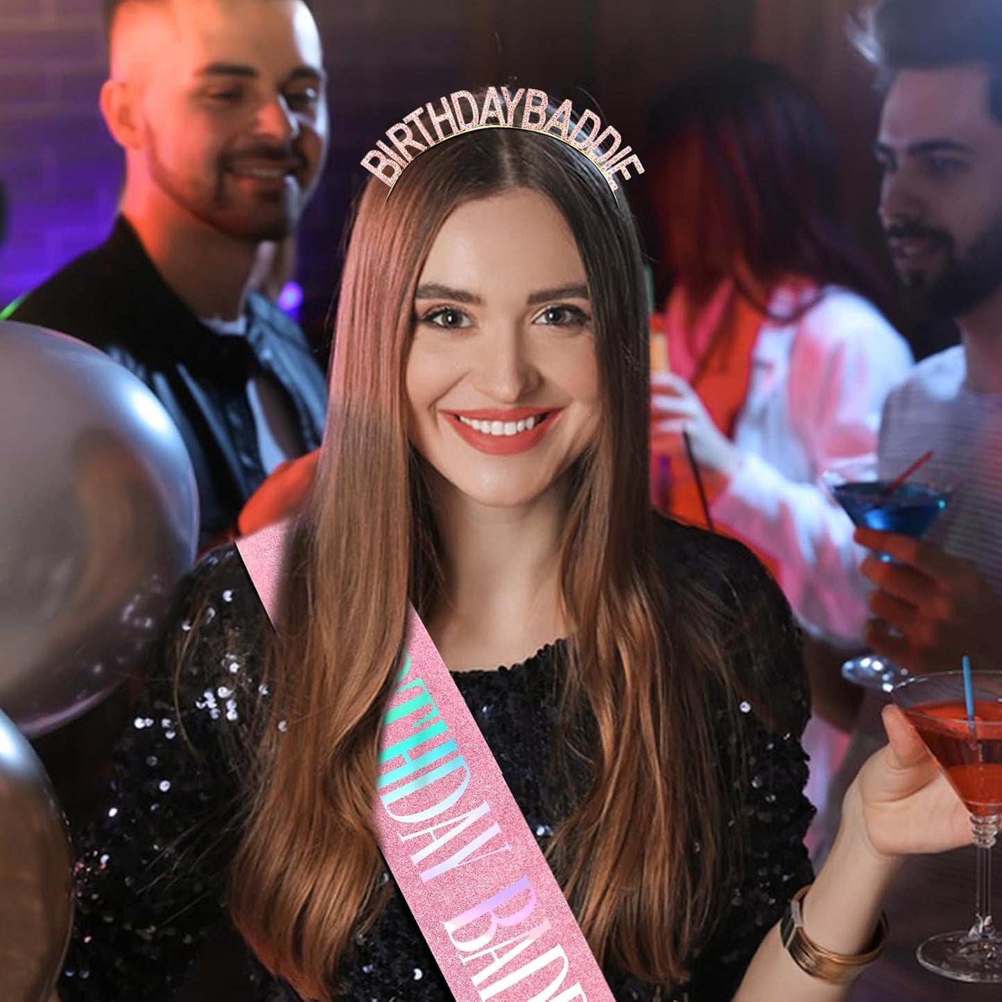 Aprince Birthday Baddie Sash and Tiara Crown for Women Girls Black Gold Happy Birthday Headband Accessiores Party Decorations