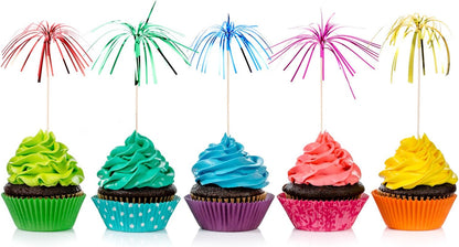 Tecunite 100 Pcs Foil Firework Cupcake Toppers Sparkle Tinsel Cupcake Picks 9 Inch Happy Birthday Cake Toppers Drink Cocktail Picks Stirrers for Christmas Baby Shower Birthday Party Decors Supplies