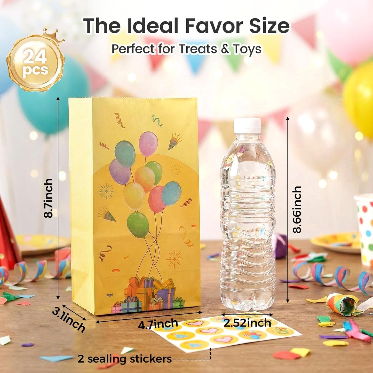 LovesTown 24 Pack Birthday Party Favor Bags with Stickers - 8.7"x4.7"x3.1" Festive Balloon & Gift Box Goodie Bags, Colorful Celebration for Kids Birthday, Classroom Rewards & Gift Packaging
