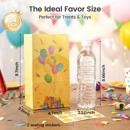 LovesTown 24 Pack Birthday Party Favor Bags with Stickers - 8.7"x4.7"x3.1" Festive Balloon & Gift Box Goodie Bags, Colorful Celebration for Kids Birthday, Classroom Rewards & Gift Packaging