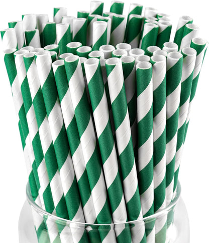 PakTalk 100 Pack Red Straws, Disposable Red and White Biodegradable Paper Striped Straws for Cocktail, Milkshake, Coffee, Lemonade (0.24" x 7.75")