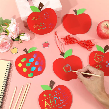 Qyeahkj 60 Sets Fall Red Apple Crafts Rainbow Magic Scratch Paper Craft with Wooden Stick Apple Scratch Art Kit for Fall Party Decor Autumn DIY Projects Room Activities