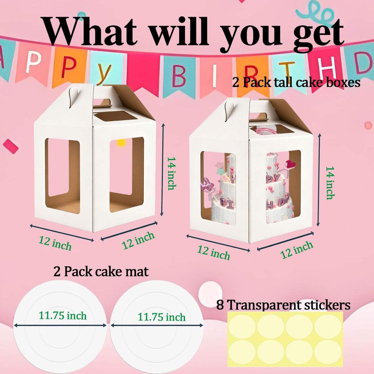 Cake Boxes - 2 Pack Tall Cake Box 10x10x12 Inch Disposable Layer Carrier with 6 Window Large Tierd Cake Out Transport Containers with Handle for Wedding, Birthday, Party